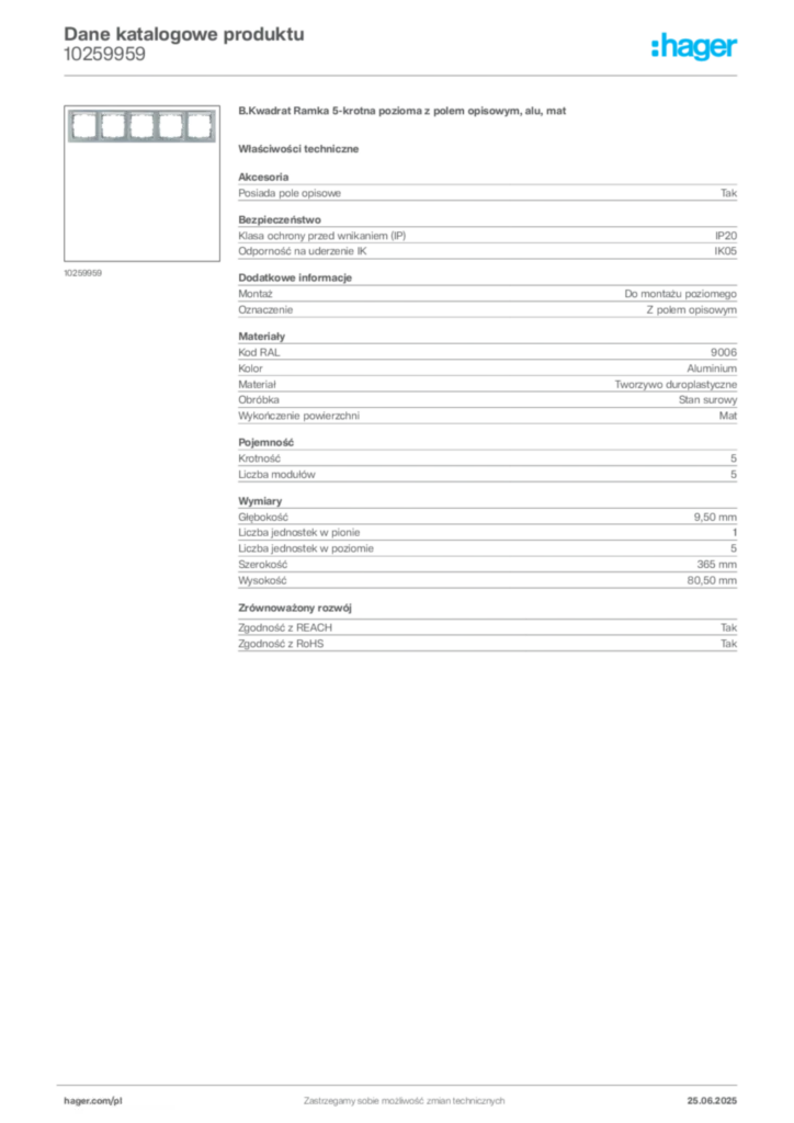Zdjęcie Hager Karta katalogowa 10259959 | Hager Polska