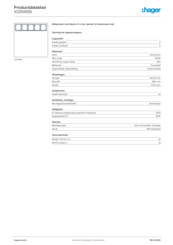 Afbeelding Hager Productdatablad 10259959 | Hager Nederland