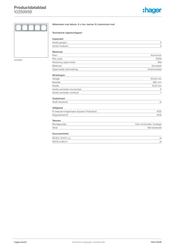Afbeelding Hager Productdatablad 10259959 | Hager Nederland