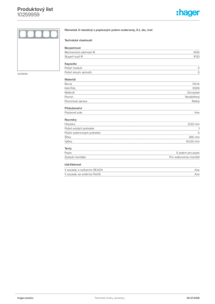 Obrázek Hager Produktový list 10259959 | Hager