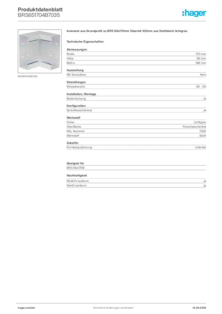 Bild Hager Produktdatenblatt BRS651704B7035 | Hager Deutschland