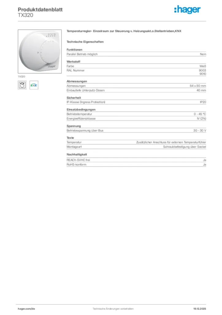 Bild Hager Produktdatenblatt TX320 | Hager Deutschland