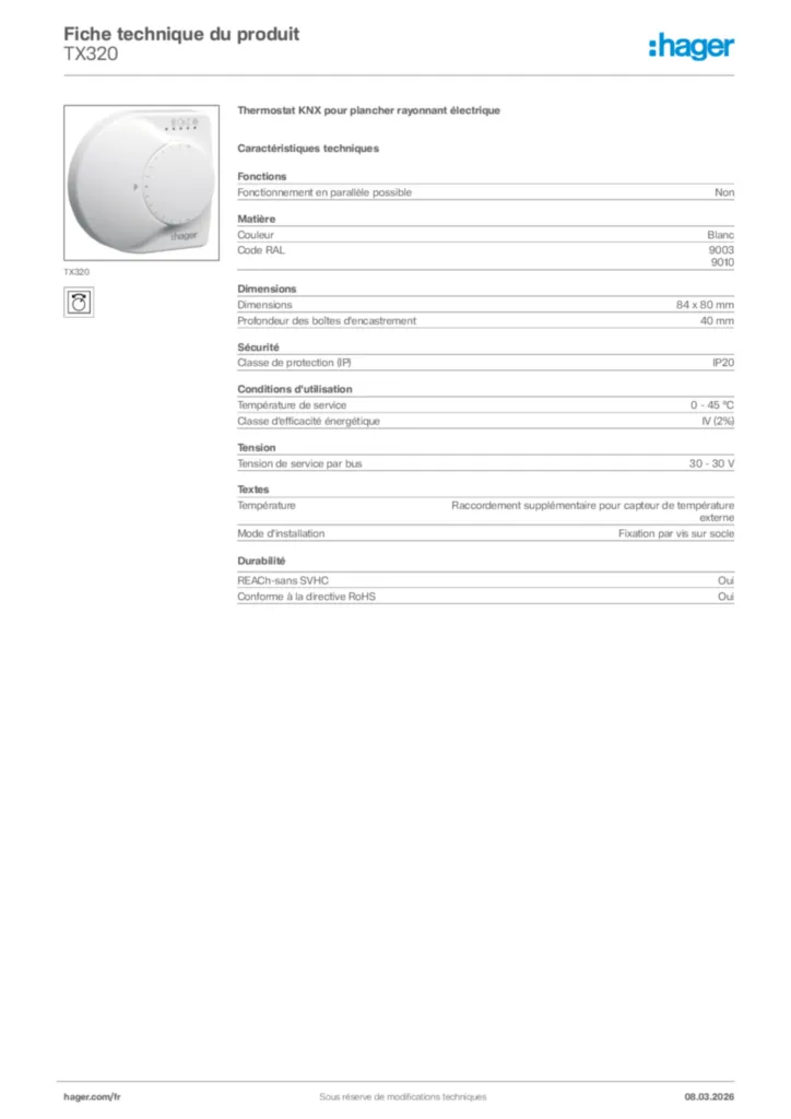 Image Hager Fiche technique du produit TX320 | Hager France