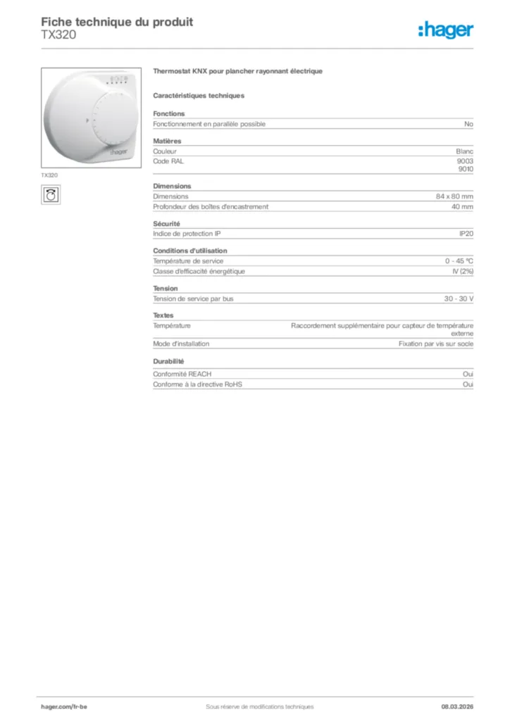 Image Hager Fiche technique du produit TX320 | Hager Belgique