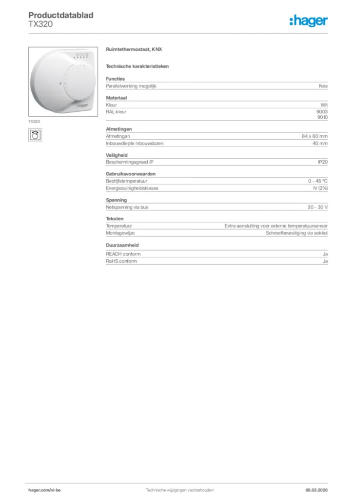Afbeelding Hager Productdatablad TX320 | Hager Belgium