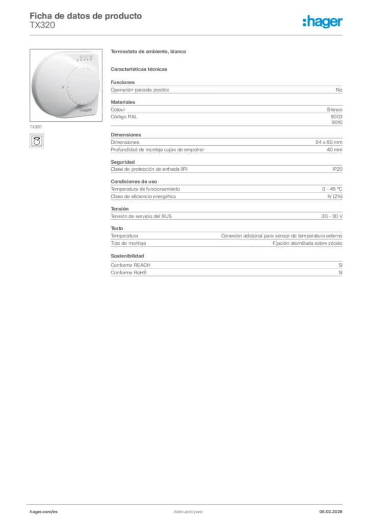 Imagen Hager Ficha de datos de producto TX320 | Hager España
