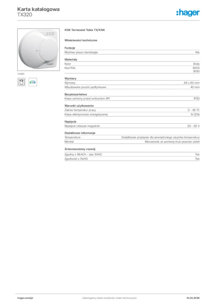 Zdjęcie Hager Karta katalogowa TX320 | Hager Polska