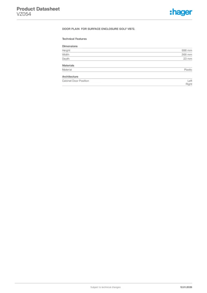 Image Hager Product data sheet VZ054  | Hager Africa