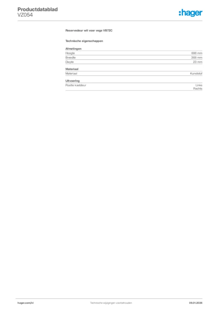 Afbeelding Hager Productdatablad VZ054 | Hager Nederland