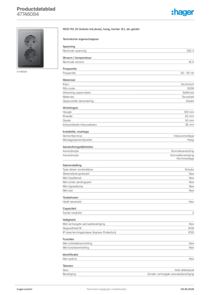Afbeelding Hager Productdatablad 47746084 | Hager Nederland