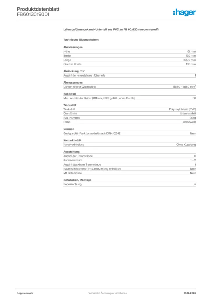 Bild Hager Produktdatenblatt FB6013019001 | Hager Deutschland