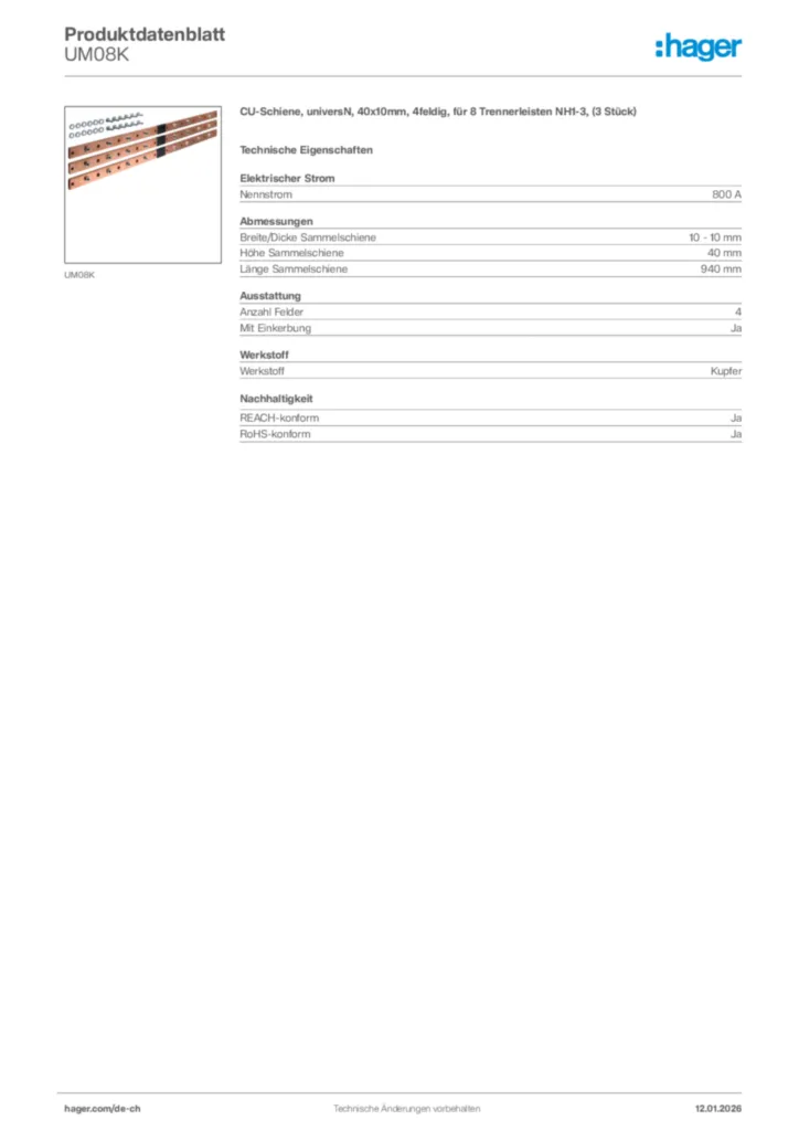 Bild Hager Produktdatenblatt UM08K | Hager Schweiz
