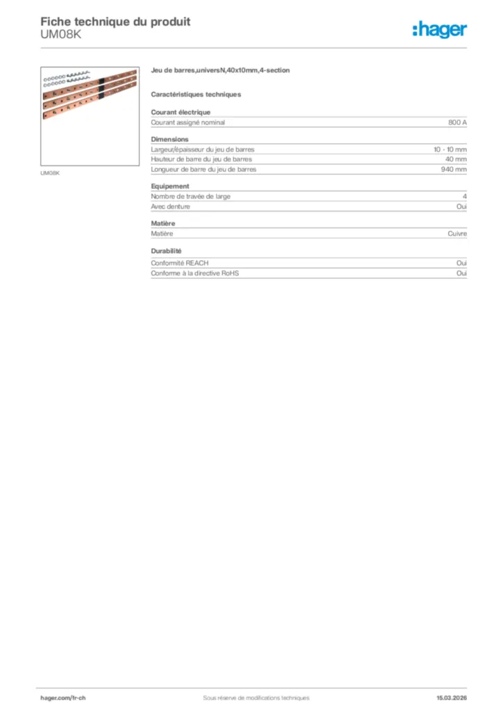 Image Hager Fiche technique du produit UM08K | Hager Suisse