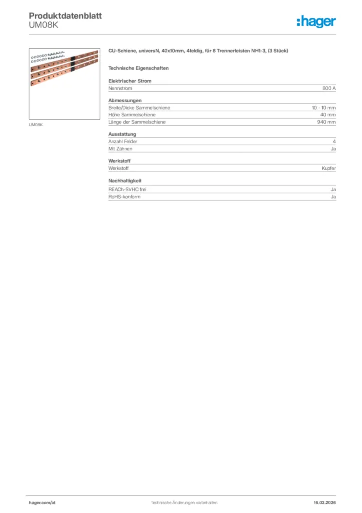 Bild Hager Produktdatenblatt UM08K | Hager Deutschland