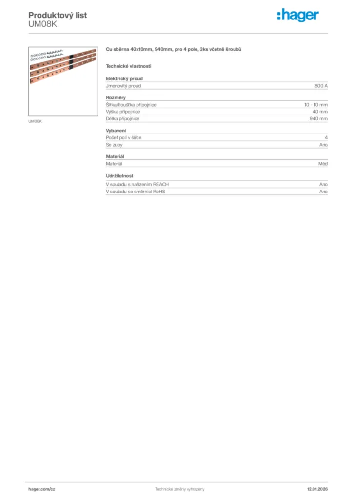 Obrázek Hager Product data sheet UM08K | Hager