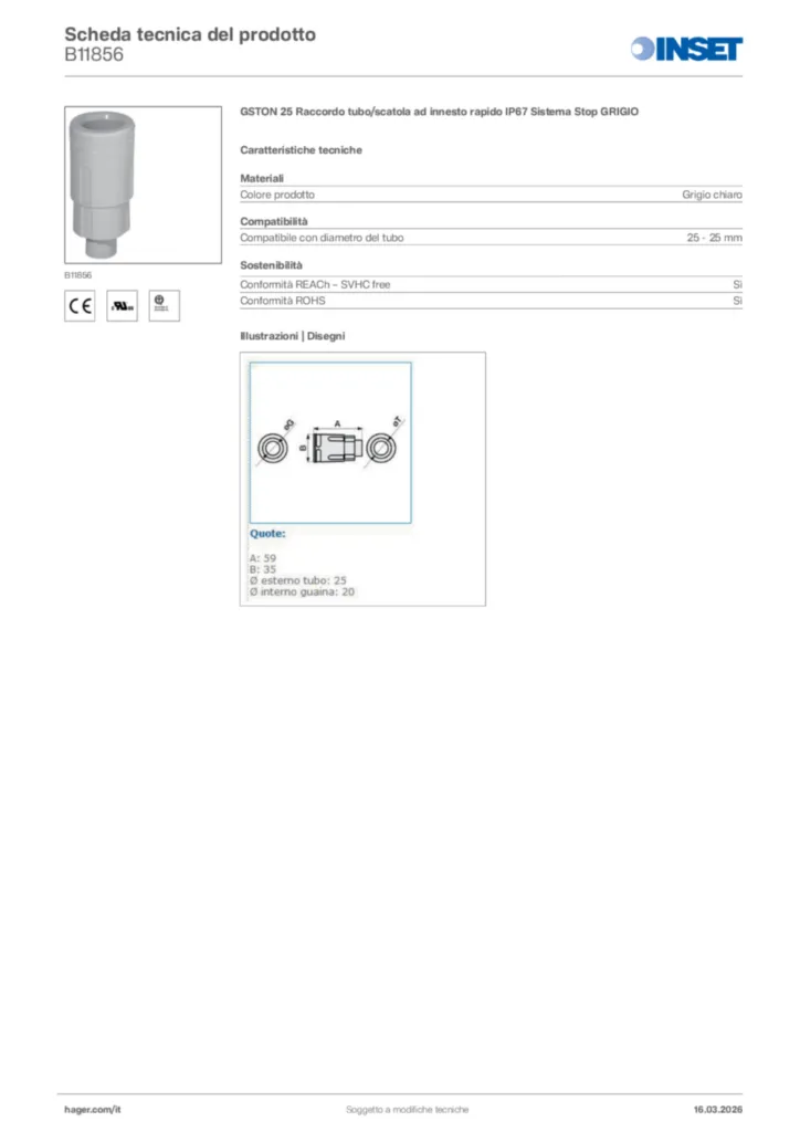 Immagine Inset Scheda tecnica del prodotto B11856 | Hager Italia