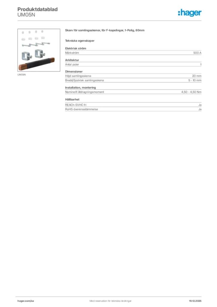 Bild Hager Produktdatablad UM05N | Hager Sverige