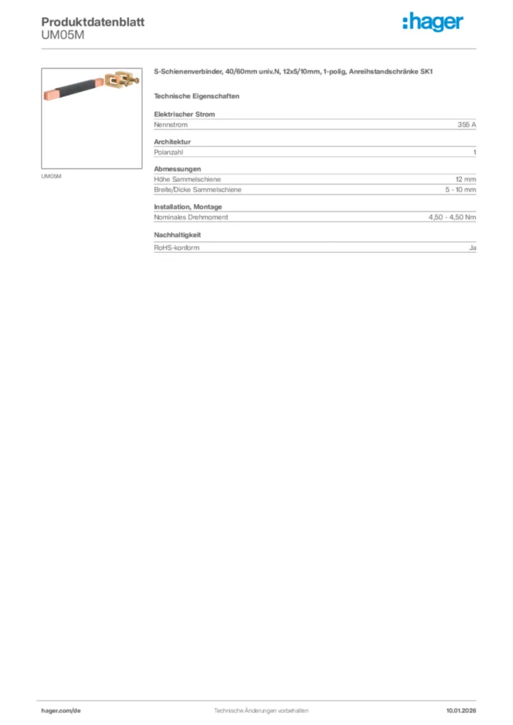 Bild Hager Produktdatenblatt UM05M | Hager Deutschland