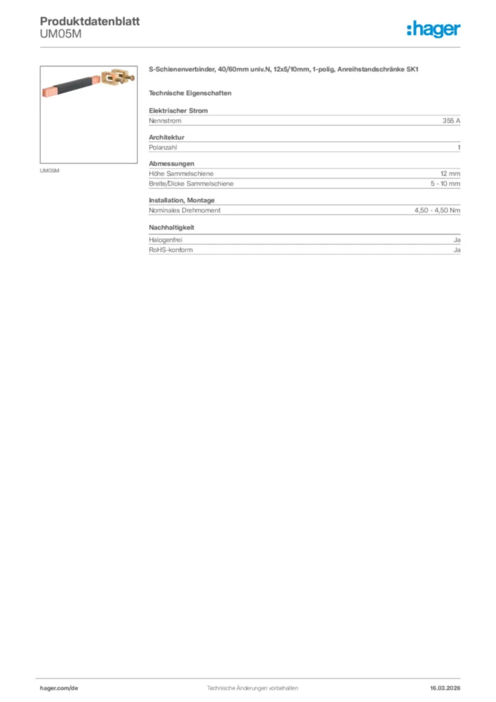 Bild Hager Produktdatenblatt UM05M | Hager Deutschland