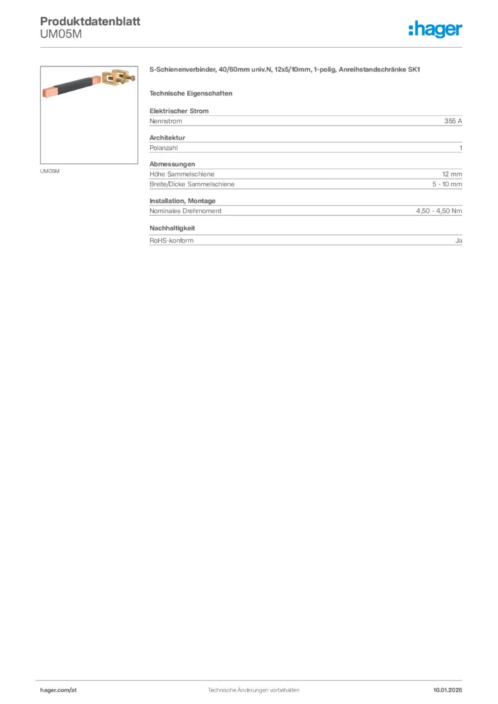 Bild Hager Produktdatenblatt UM05M | Hager Deutschland