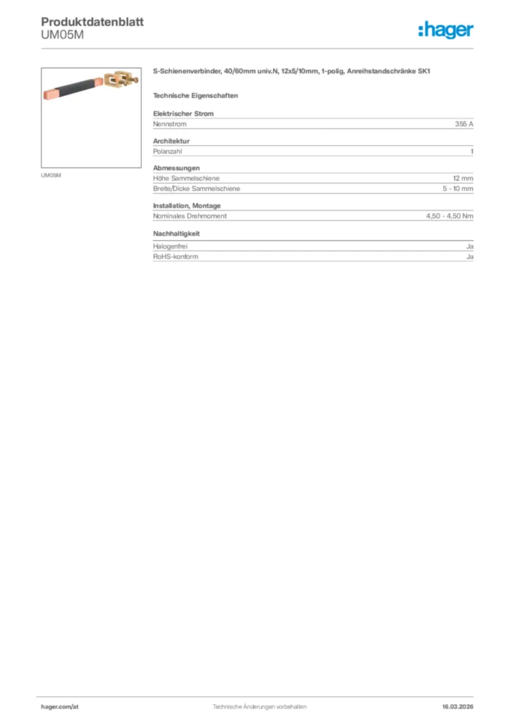 Bild Hager Produktdatenblatt UM05M | Hager Deutschland