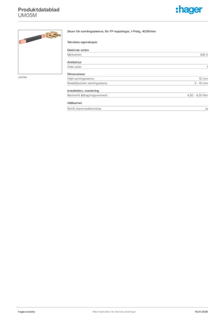 Bild Hager Produktdatablad UM05M | Hager Sverige