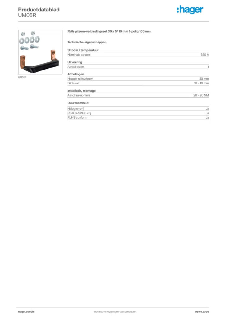 Afbeelding Hager Productdatablad UM05R | Hager Nederland