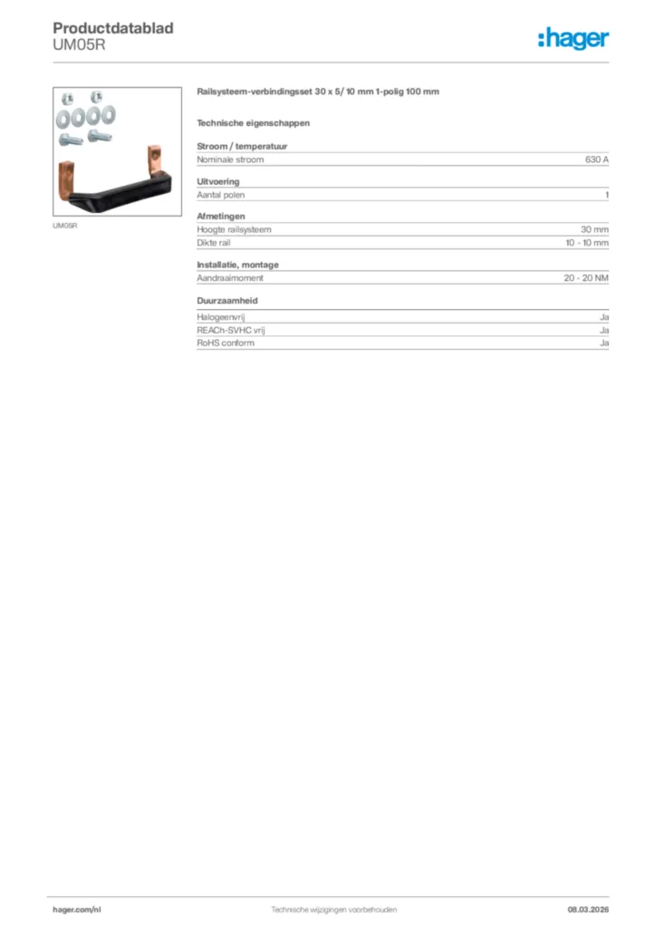 Afbeelding Hager Productdatablad UM05R | Hager Nederland