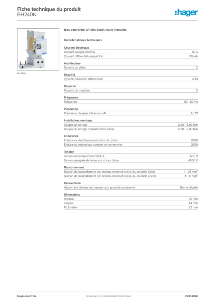 Image Hager Fiche technique du produit BH240N | Hager Belgique