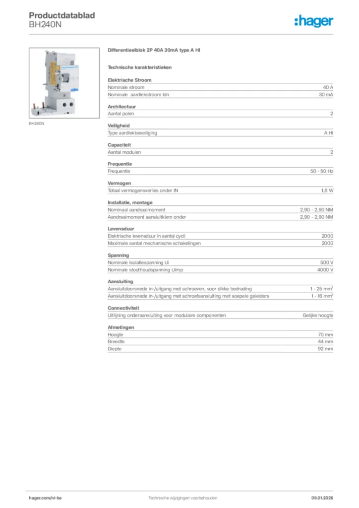 Afbeelding Hager Productdatablad BH240N | Hager Belgium