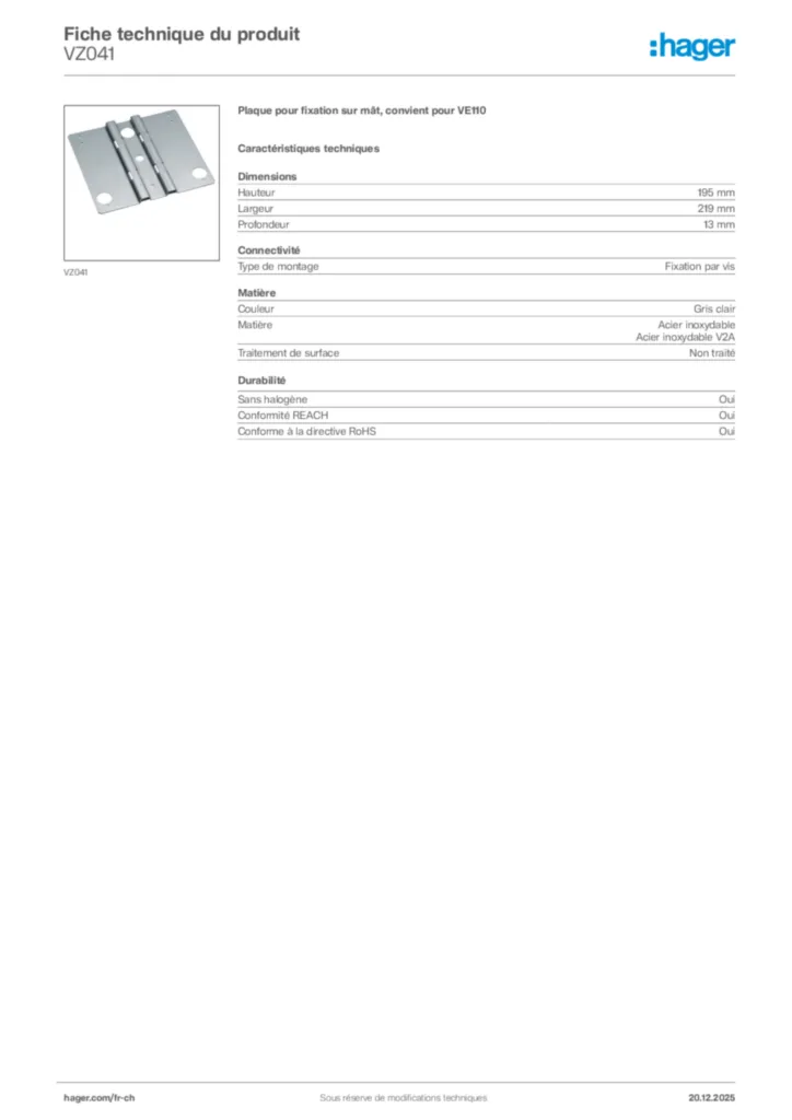 Image Hager Fiche technique du produit VZ041 | Hager Suisse