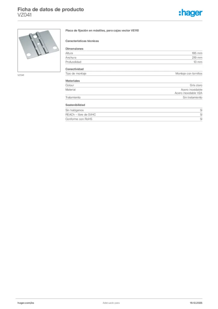 Imagen Hager Ficha de datos de producto VZ041 | Hager España