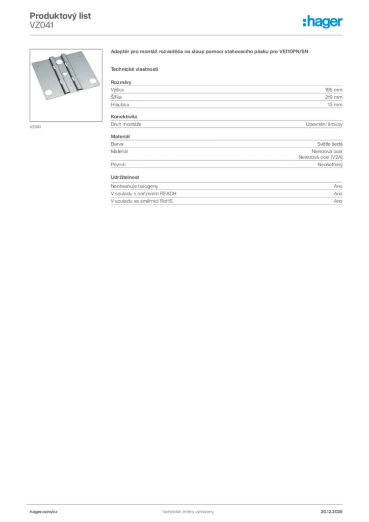 Obrázek Hager Produktový list VZ041 | Hager