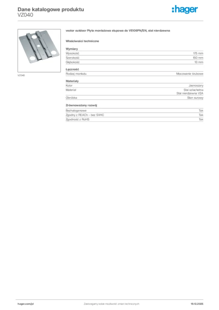 Zdjęcie Hager Karta katalogowa VZ040 | Hager Polska