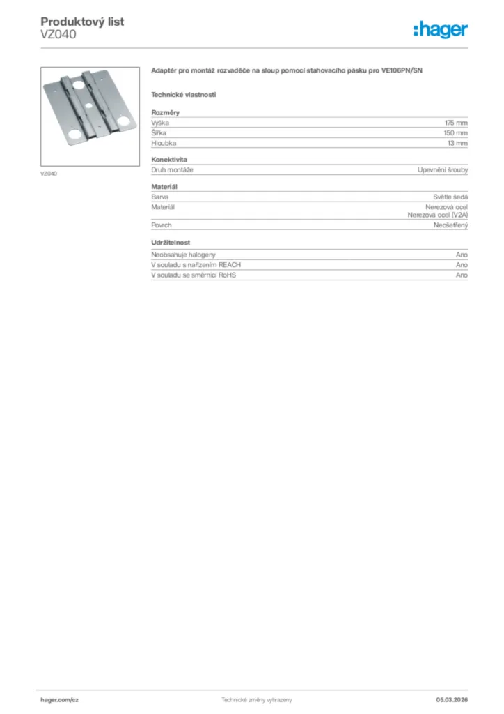 Obrázek Hager Product data sheet VZ040 | Hager