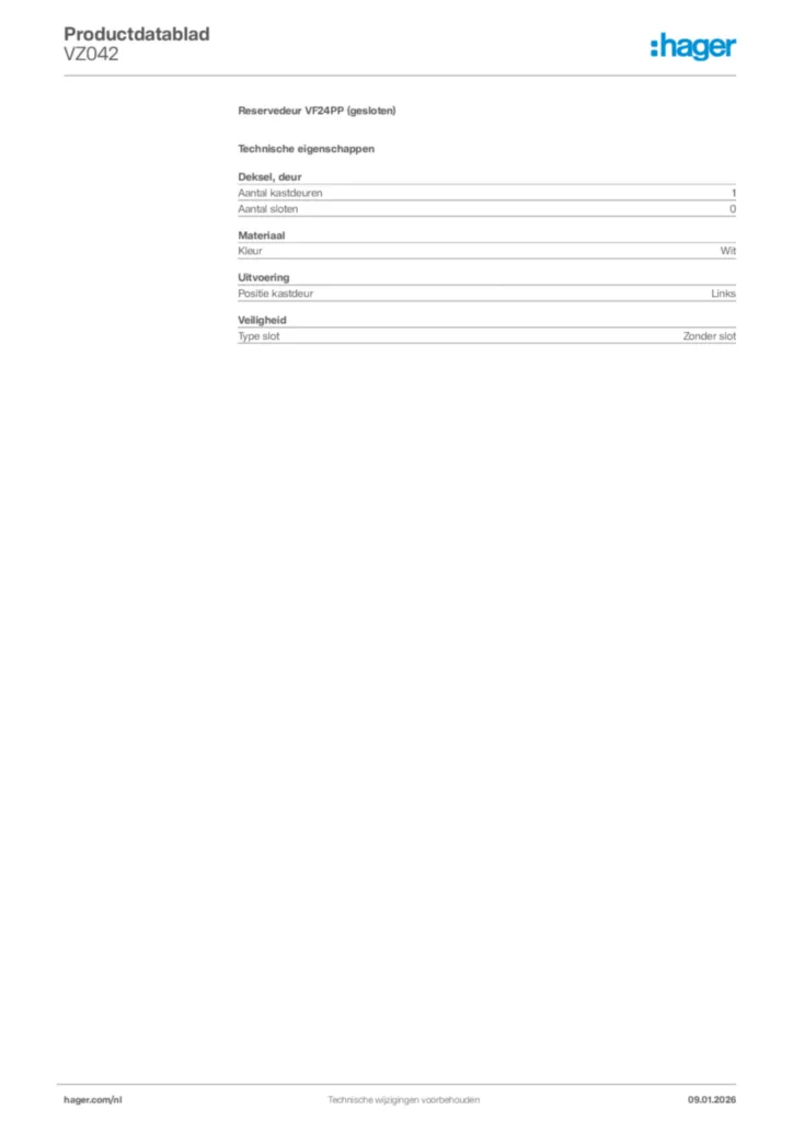 Afbeelding Hager Productdatablad VZ042 | Hager Nederland