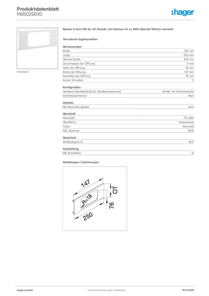 Bild Hager Produktdatenblatt R65029010 | Hager Deutschland