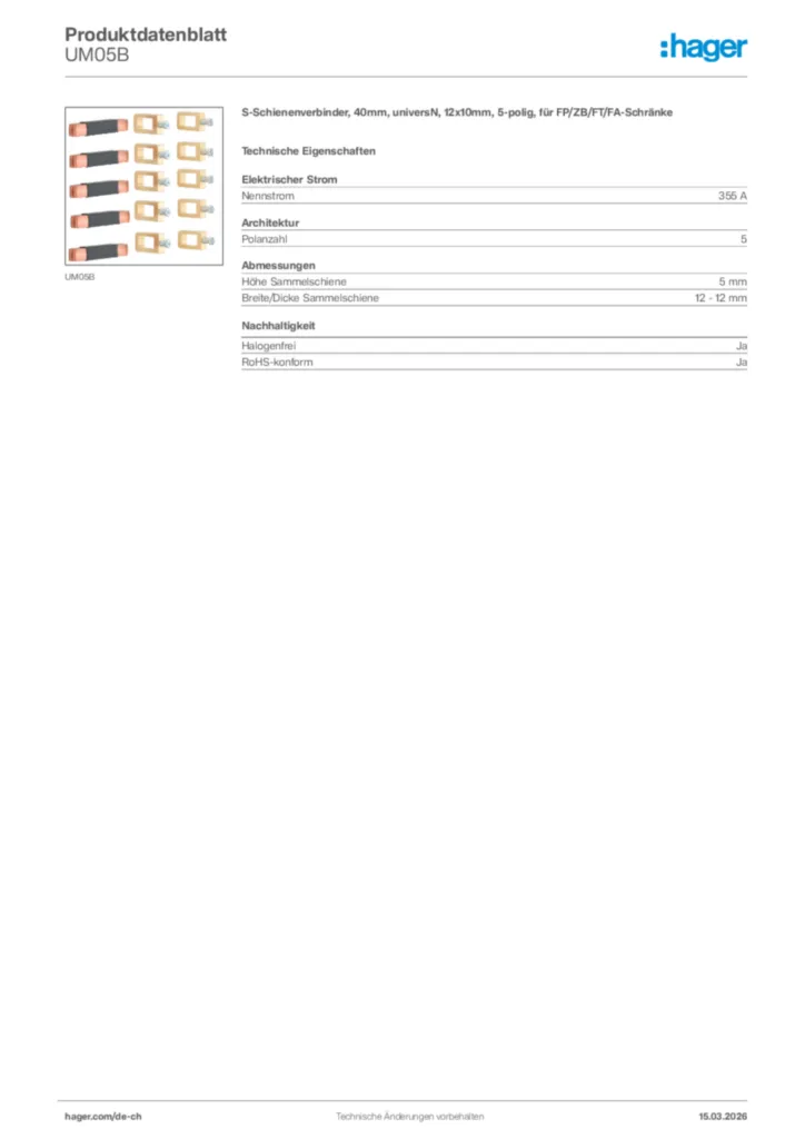 Bild Hager Produktdatenblatt UM05B | Hager Schweiz