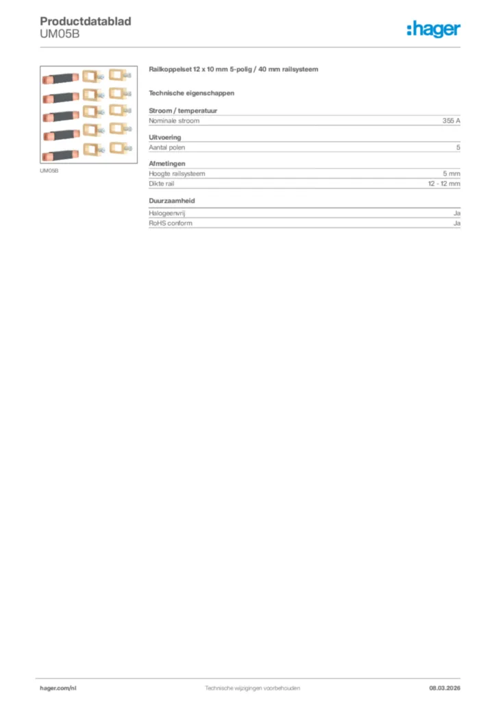 Afbeelding Hager Productdatablad UM05B | Hager Nederland