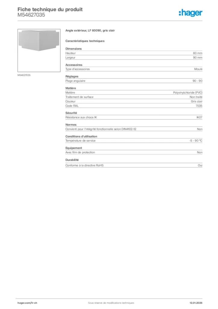 Image Hager Fiche technique du produit M54627035 | Hager Suisse