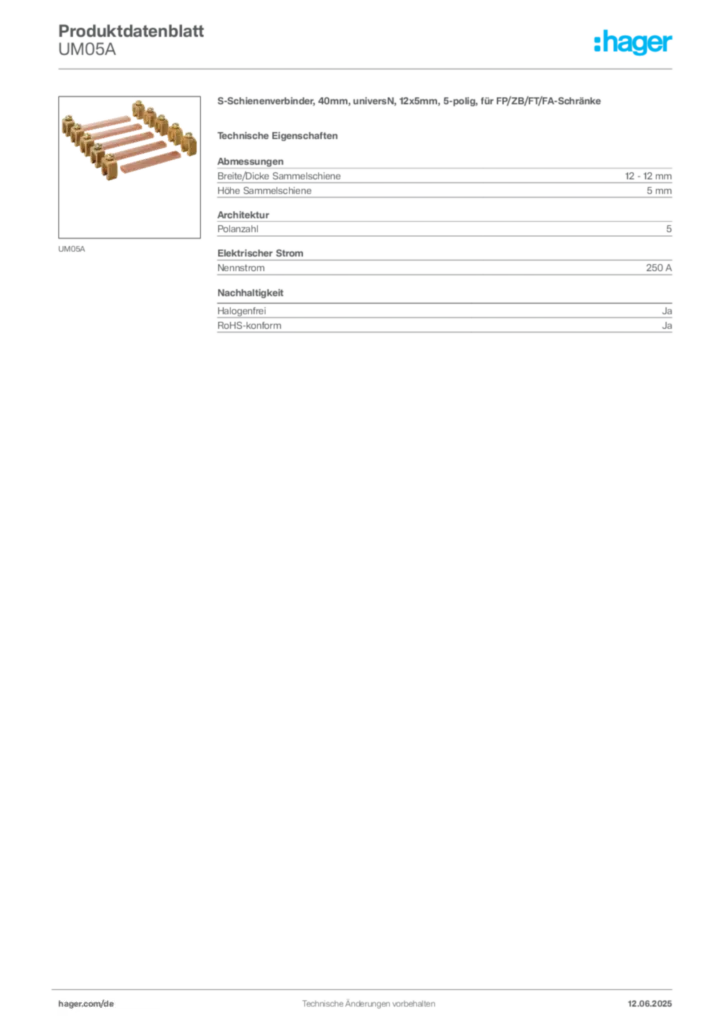 Hager Produktdatenblatt UM05A