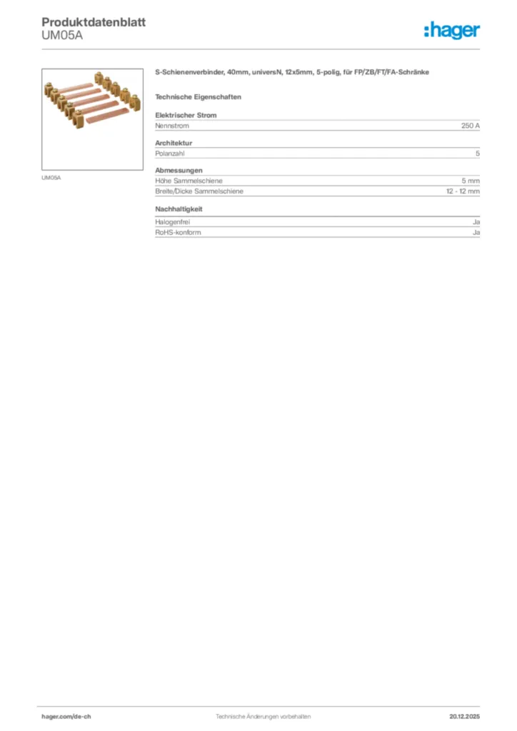 Bild Hager Produktdatenblatt UM05A | Hager Schweiz