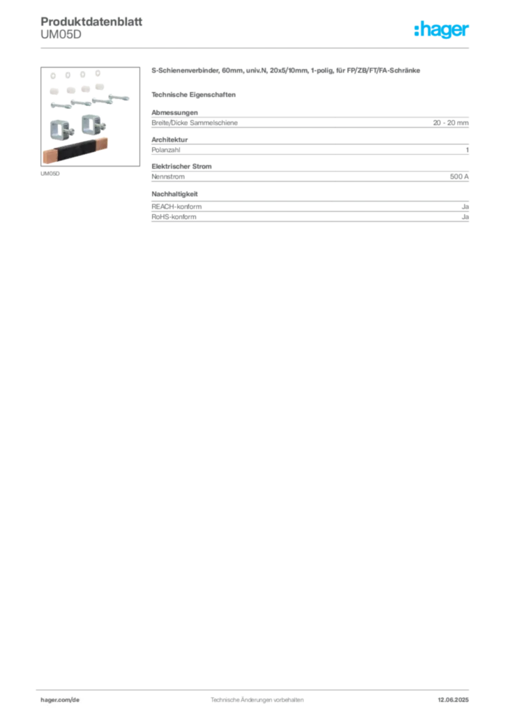 Hager Produktdatenblatt UM05D