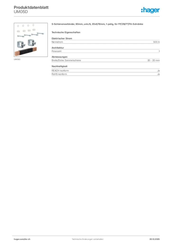 Bild Hager Produktdatenblatt UM05D | Hager Schweiz