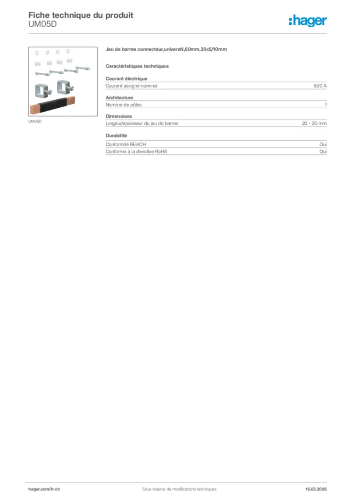 Image Hager Fiche technique du produit UM05D | Hager Suisse