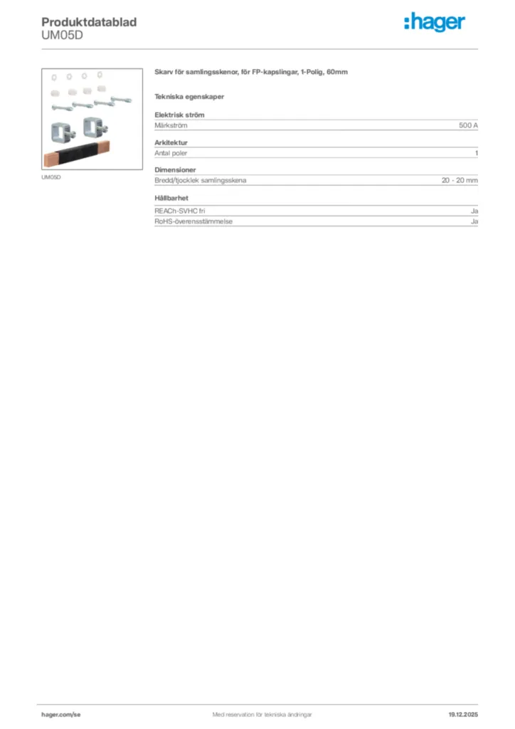 Bild Hager Produktdatablad UM05D | Hager Sverige