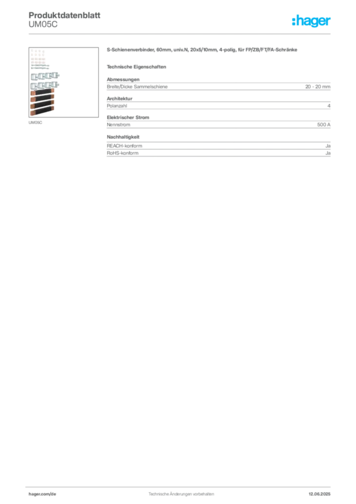 Hager Produktdatenblatt UM05C