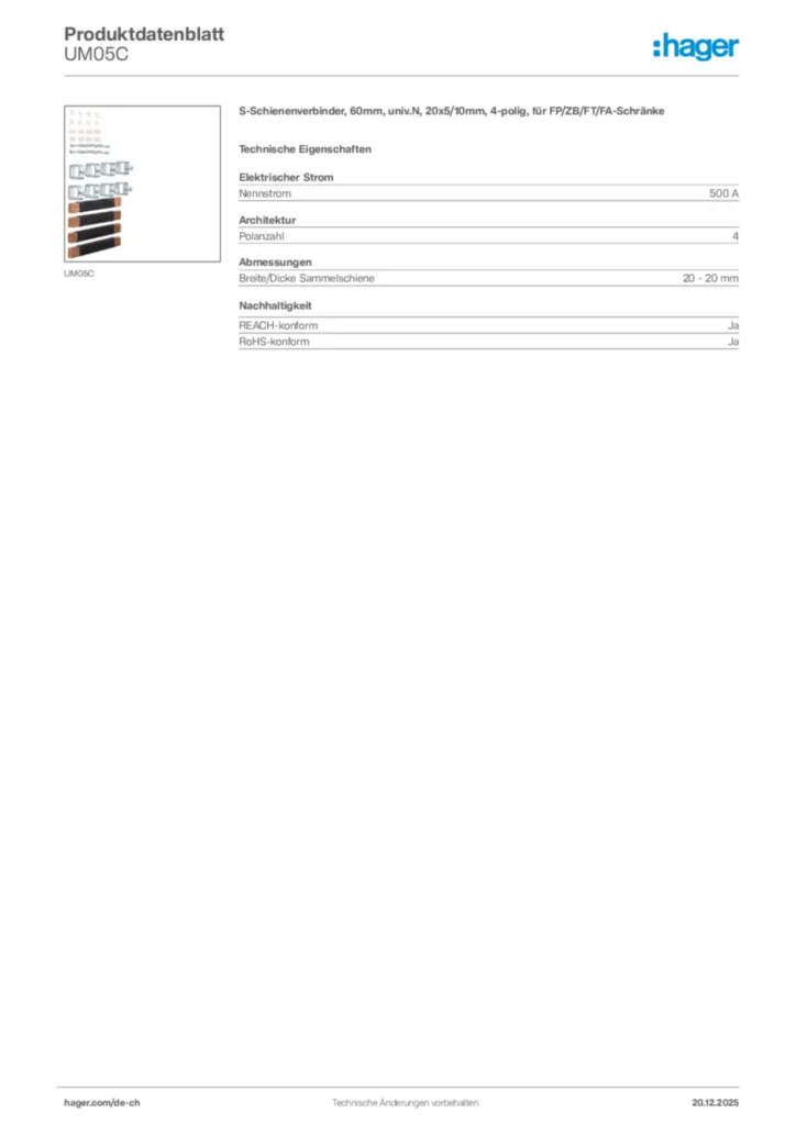 Bild Hager Produktdatenblatt UM05C | Hager Schweiz