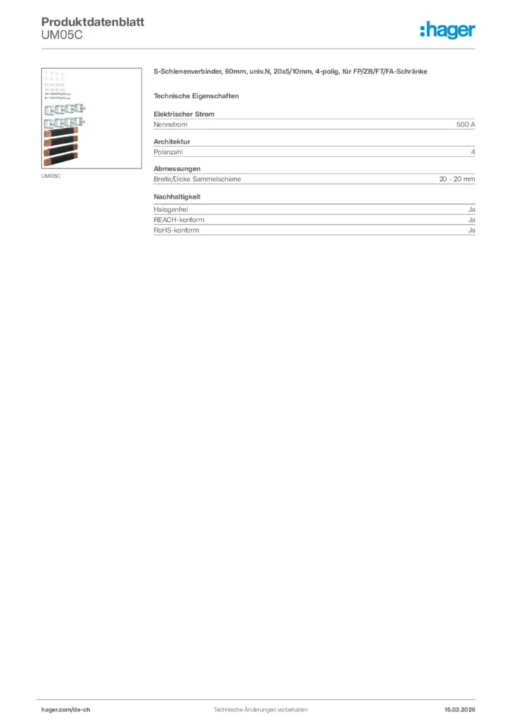 Bild Hager Produktdatenblatt UM05C | Hager Schweiz