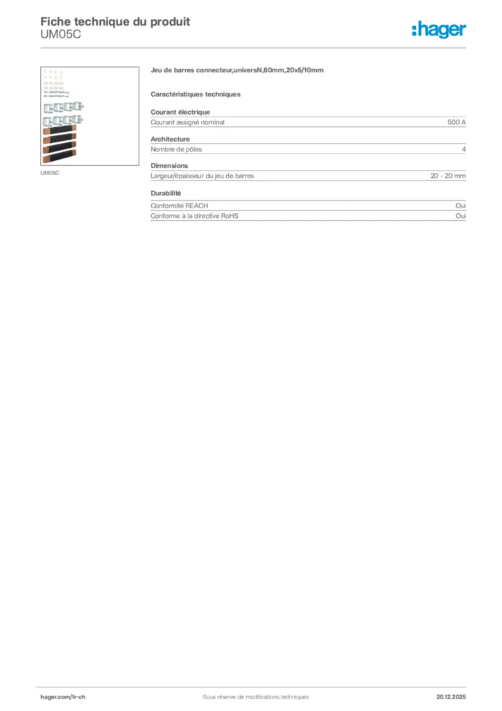 Image Hager Fiche technique du produit UM05C | Hager Suisse